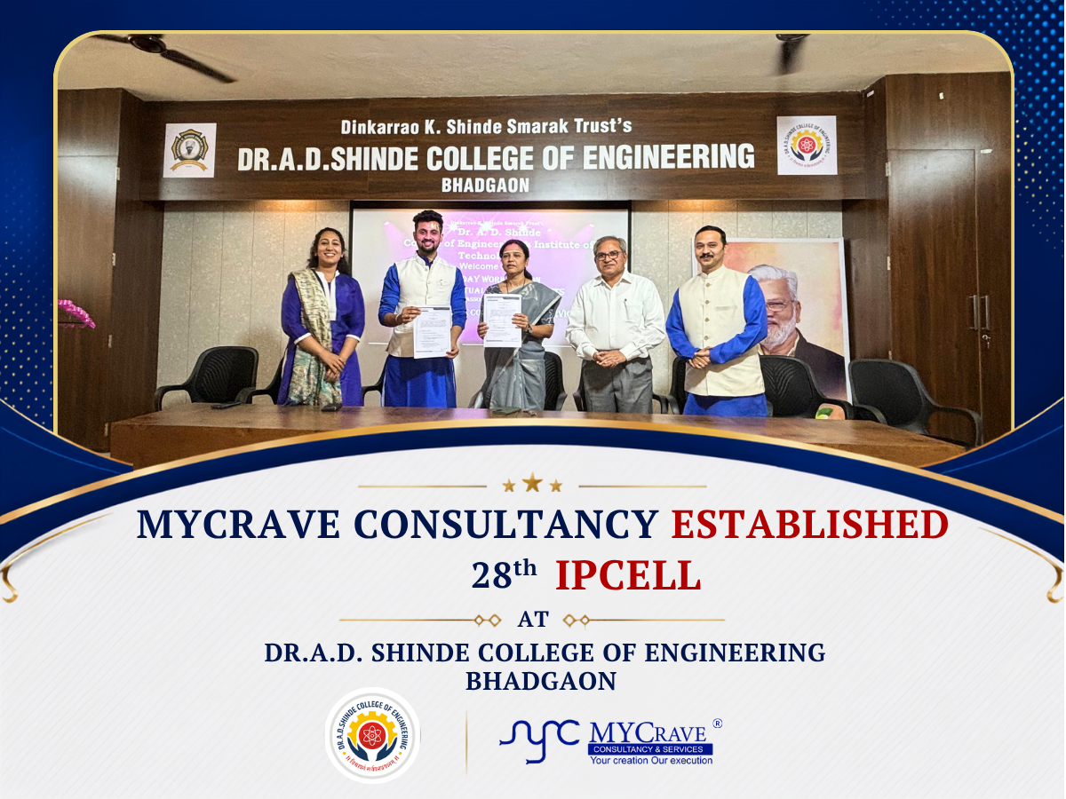 Dhruv Brahmbhatt and Pooja Menon of MYCrave with the management of Dr. A. D. Shinde College of Engineering holding the signed MoU establishing MYCrave's 28th IP Cell