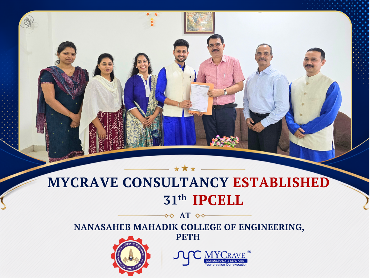 Dhruv Brahmbhatt and Pooja Menon of MYCrave with the management of Nanasaheb Mahadik College of Engineering, Peth holding the signed MoU establishing MYCrave's 31st IP Cell