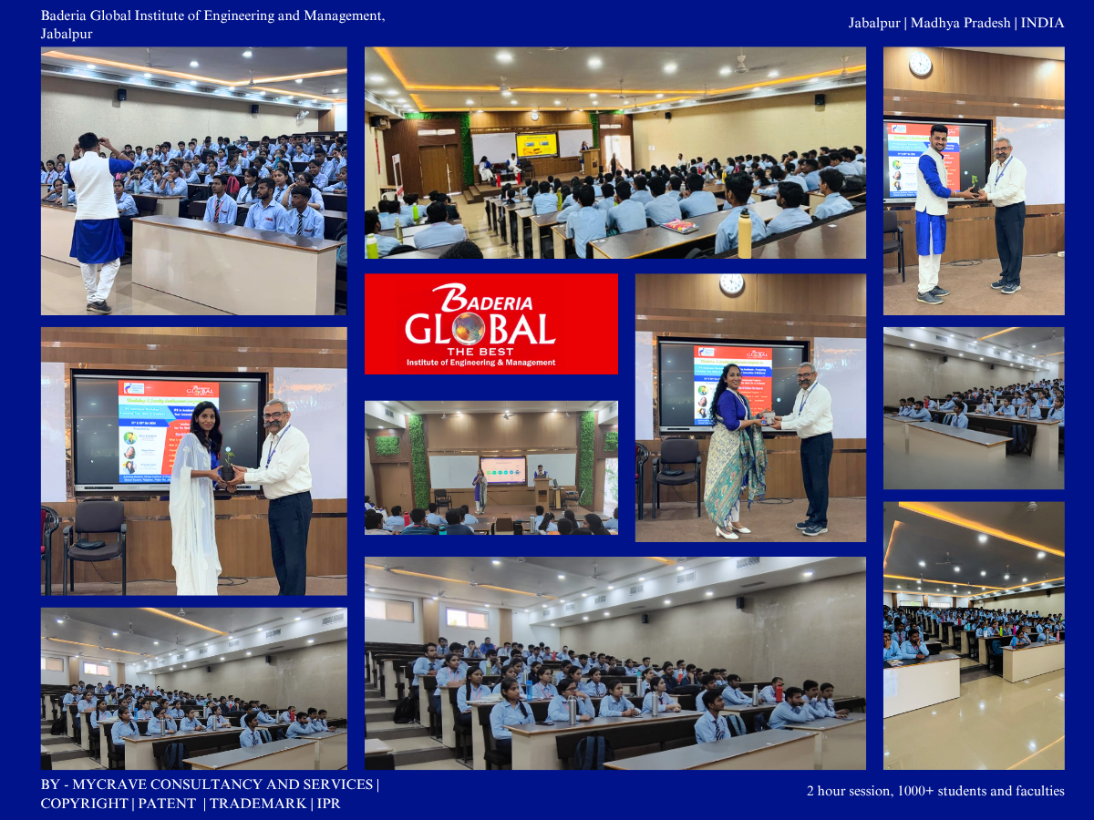 MYCrave team conducting a two-hour IPR awareness session on copyright, patents and trademarks for over 1,000 students and faculty at Baderia Global Institute of Engineering and Management, Jabalpur