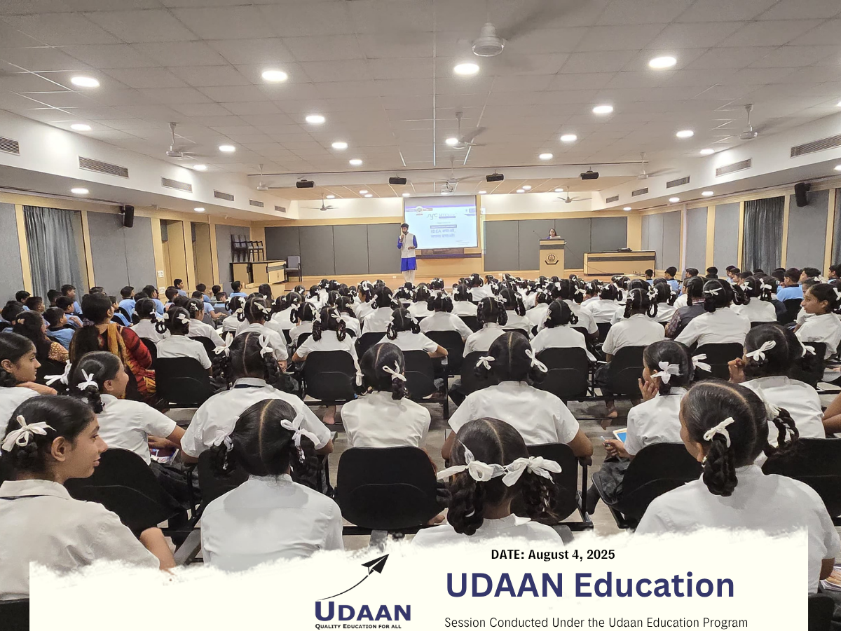 MYCrave speaker addressing a full auditorium of school students at an innovation and IPR awareness session under the UDAAN Education Program