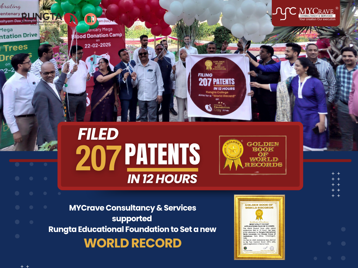 Rungta management, faculty, Dhruv Brahmbhatt and Pooja Menon of MYCrave celebrating a Golden Book of World Records achievement for filing 207 utility patent applications in 12 hours