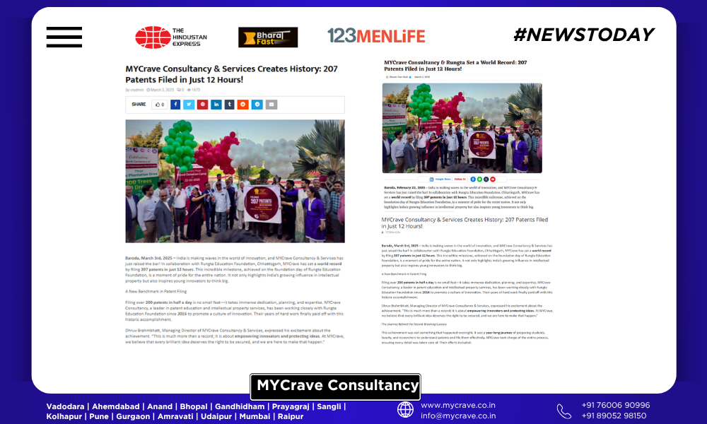Online news coverage of MYCrave and Rungta setting a world record for 207 patents filed in 12 hours
