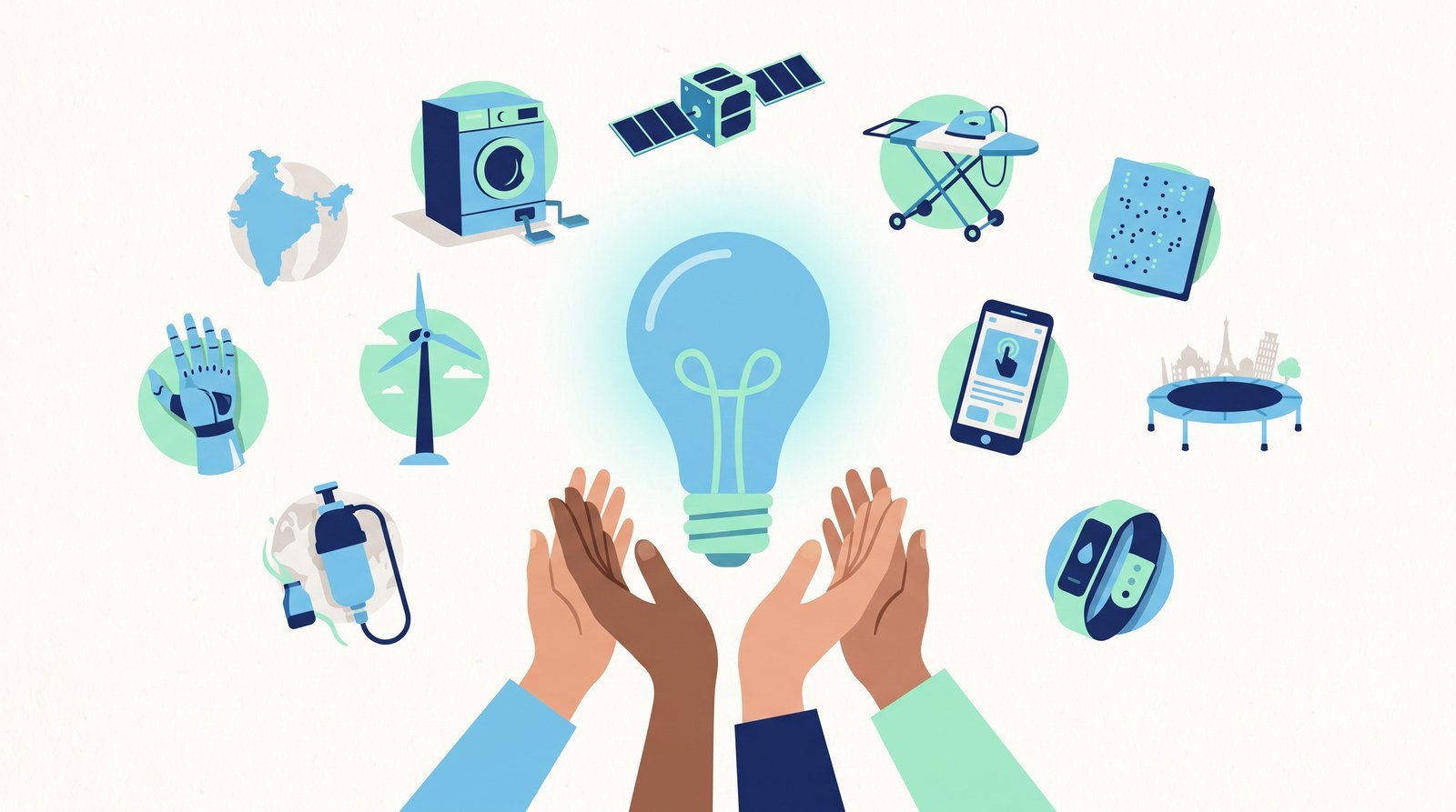 Hero illustration: inventions by teenagers orbiting a light bulb