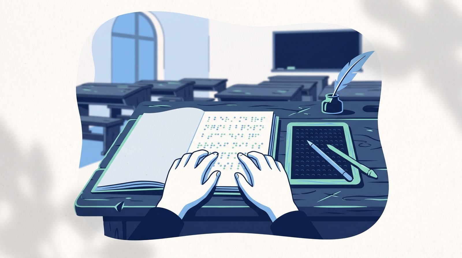 Illustration: fingertips reading raised braille dots on a page