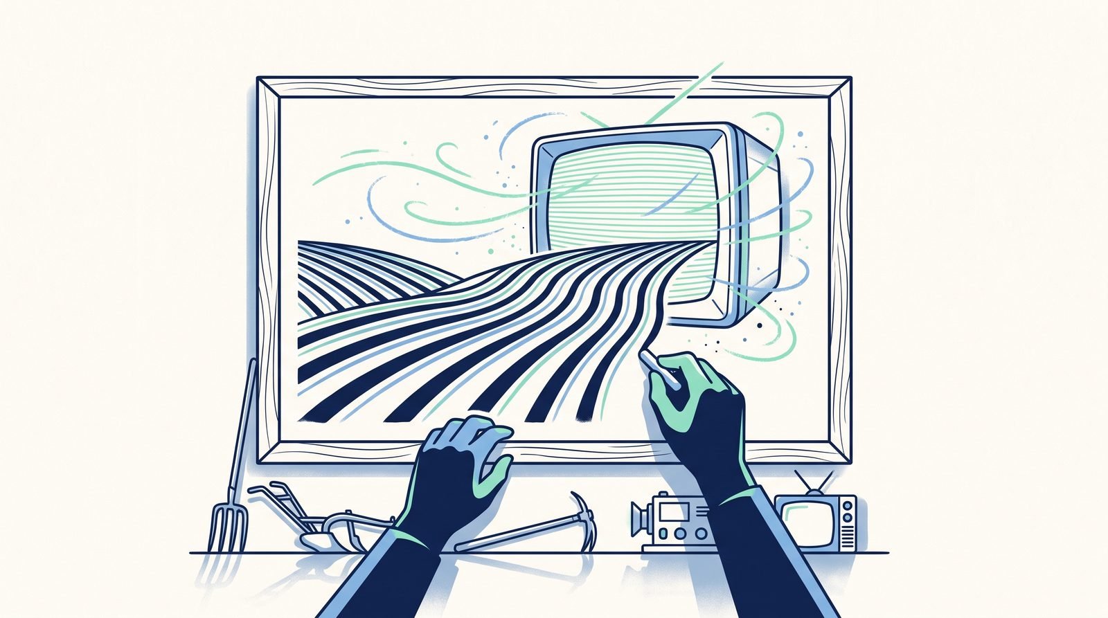 Illustration: ploughed furrows turning into television scan lines