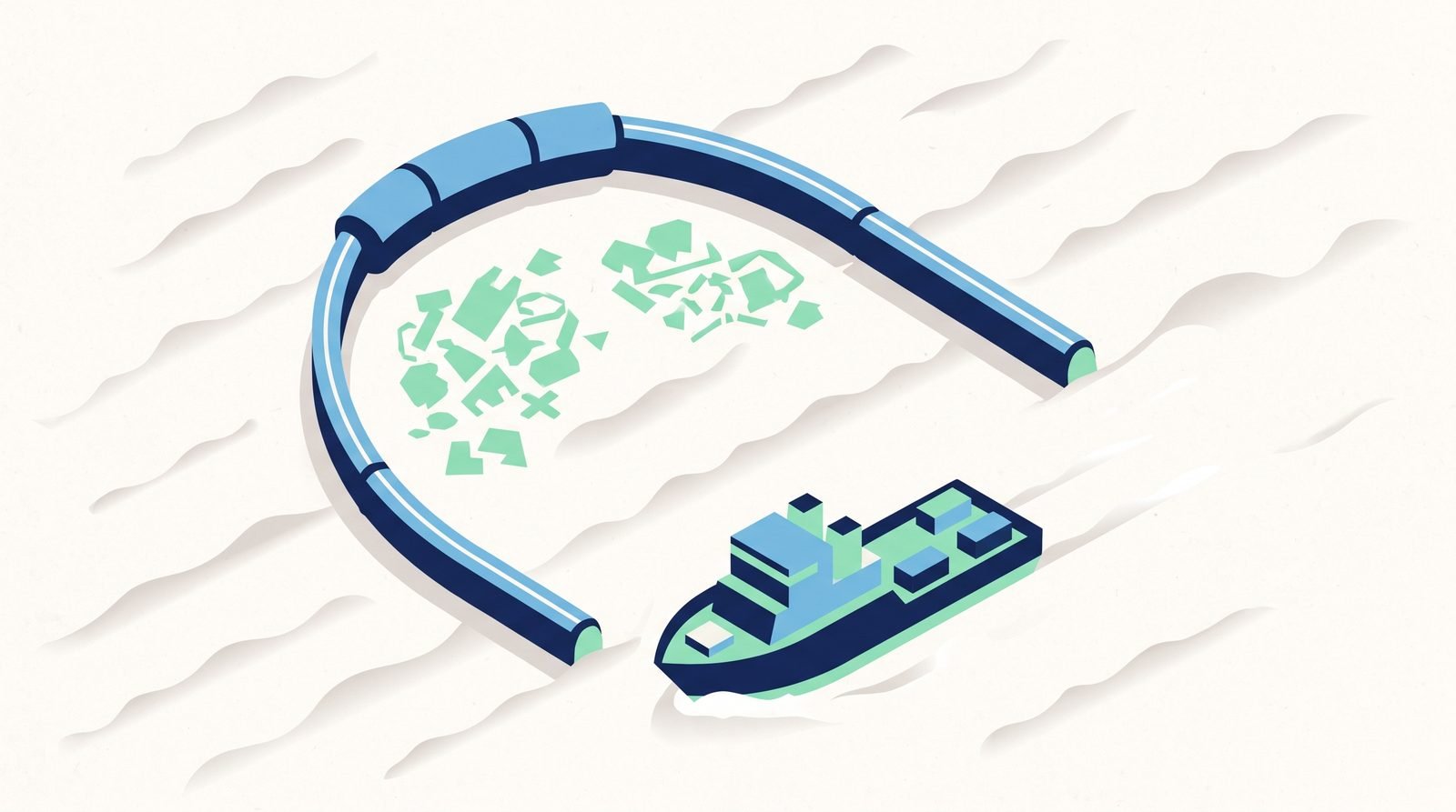 Illustration: a U-shaped floating barrier collecting ocean plastic from above