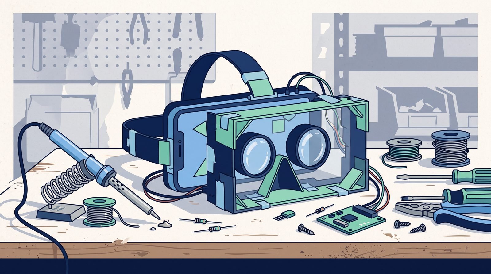 Illustration: a home-made VR headset on a garage workbench