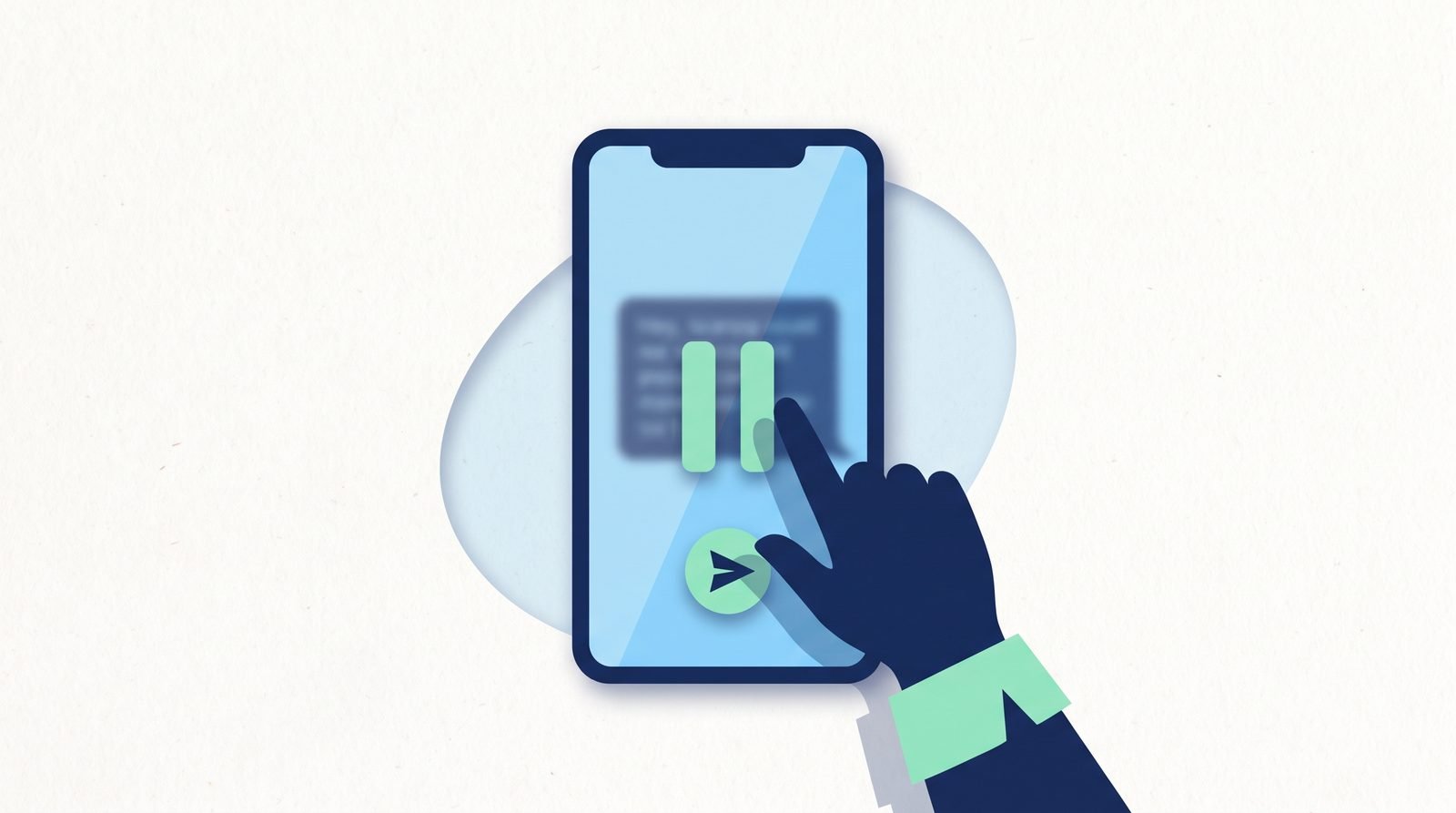 Illustration: a pause prompt over a hurtful message on a phone