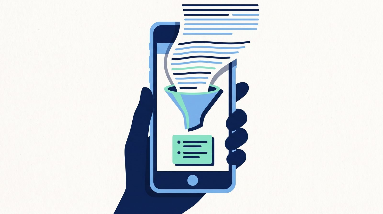 Illustration: a long article compressing into a short summary card