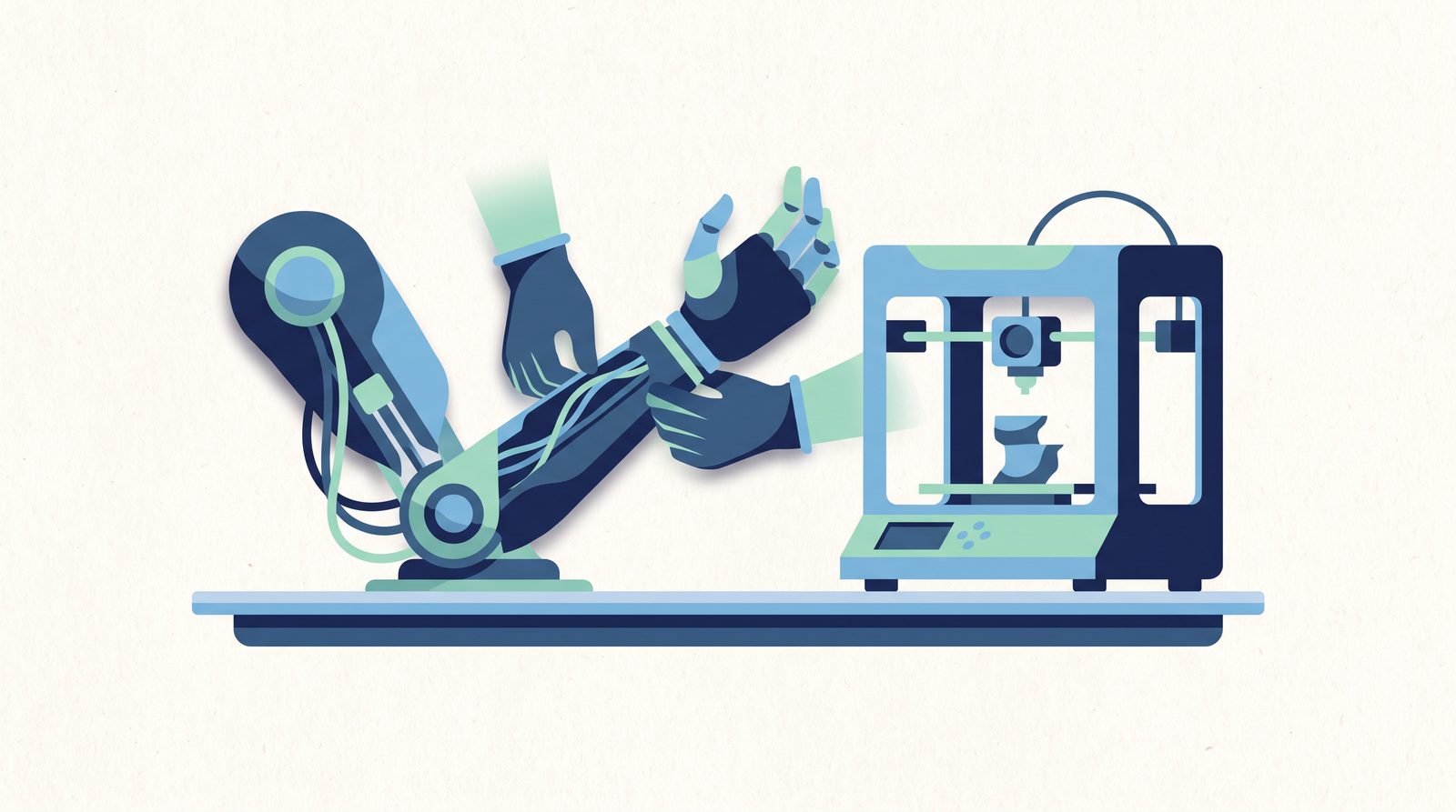 Illustration: a 3D-printed prosthetic arm with tendon cables beside a printer