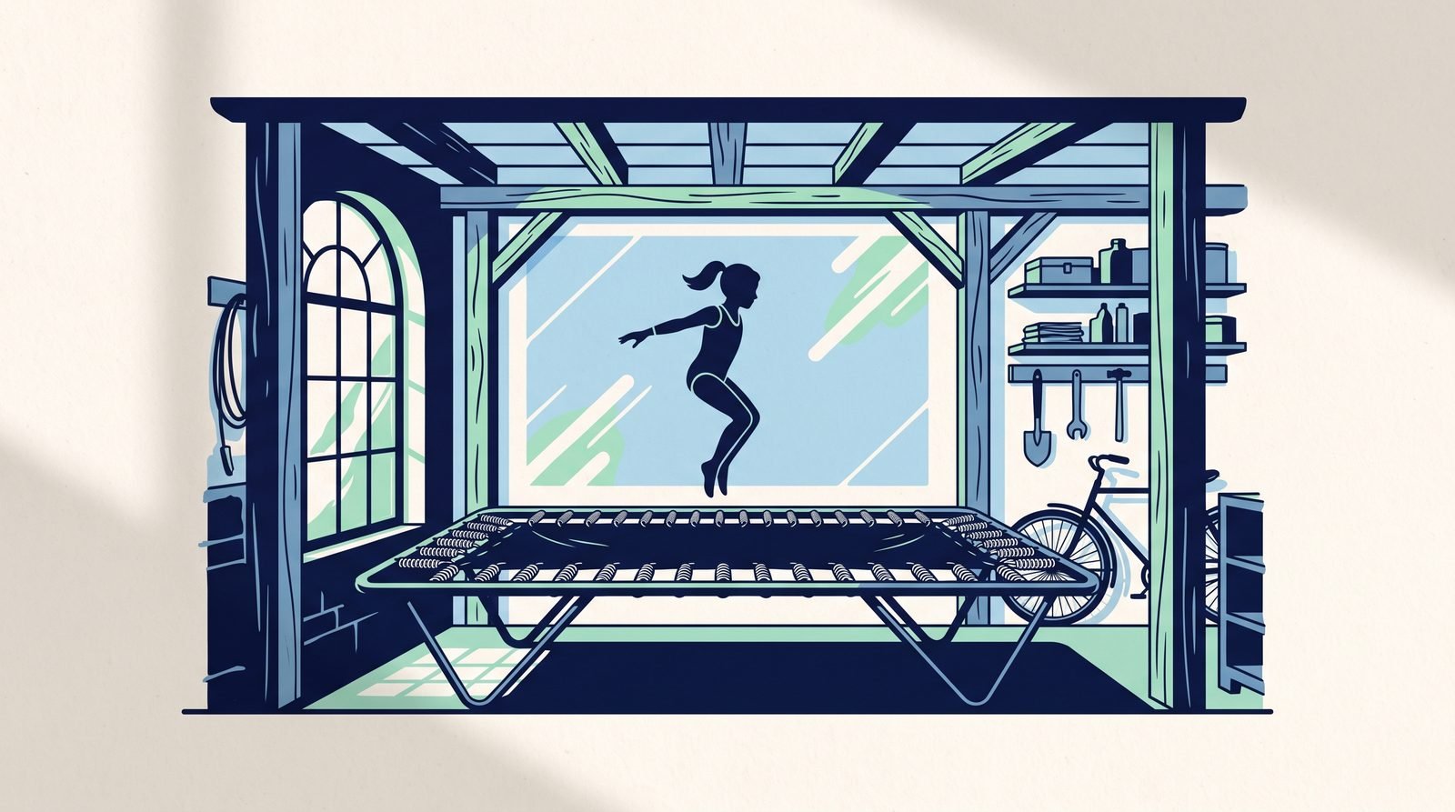 Illustration: an early canvas trampoline in a 1930s garage