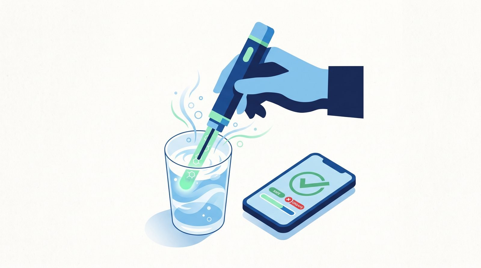 Illustration: a handheld water tester dipped in a glass, a phone shows the reading