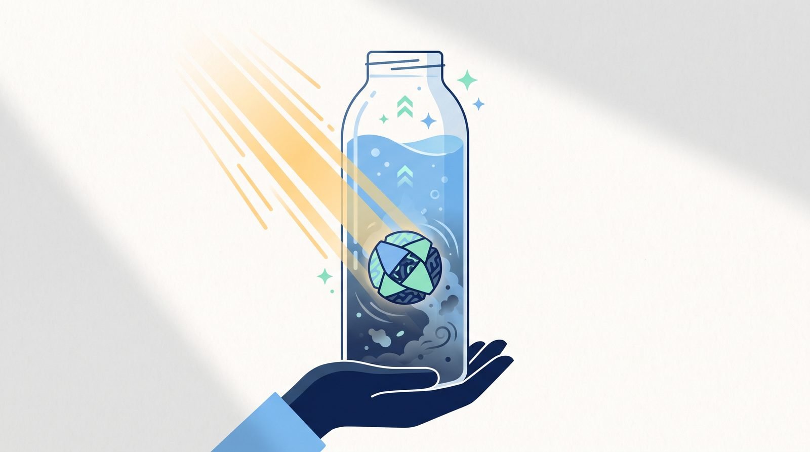 Illustration: a water bottle with a photocatalyst pellet clearing murky water in sunlight