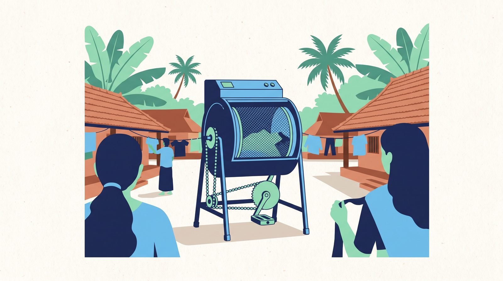 Illustration: bicycle pedals and chain driving a mesh drum in a metal cabin, Kerala courtyard