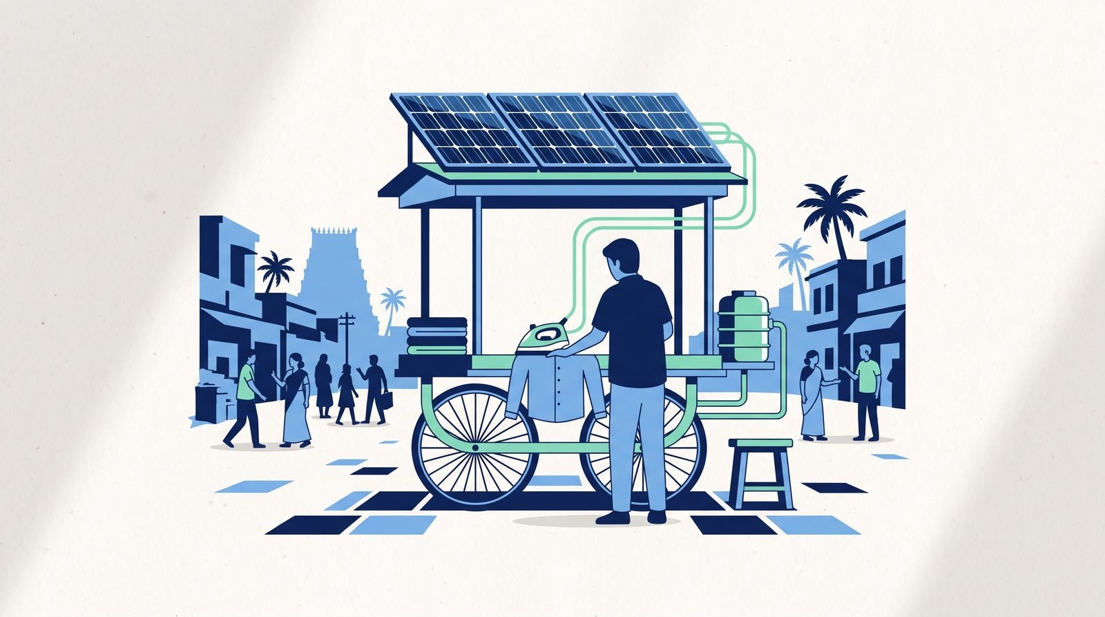 Illustration: a street ironing cart with solar panels powering a steam iron