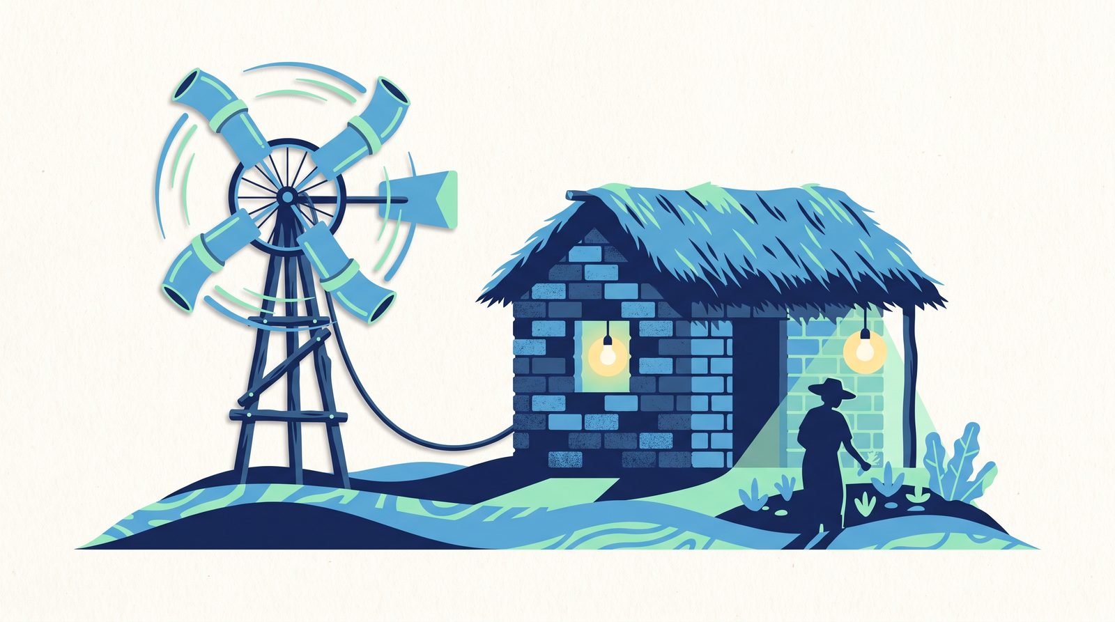 Illustration: a windmill of poles and PVC blades beside a small brick house