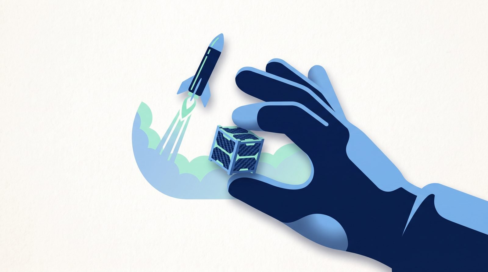 Illustration: a sugar-cube-sized satellite on a fingertip, a rocket rising behind