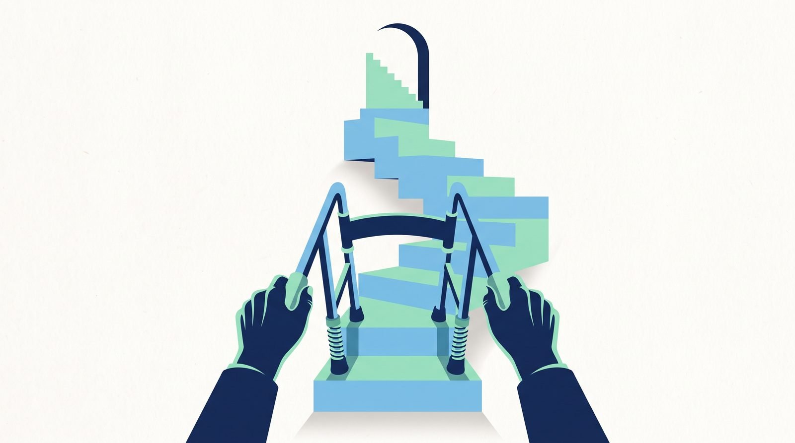 Illustration: a walking frame with adjustable front legs on a staircase