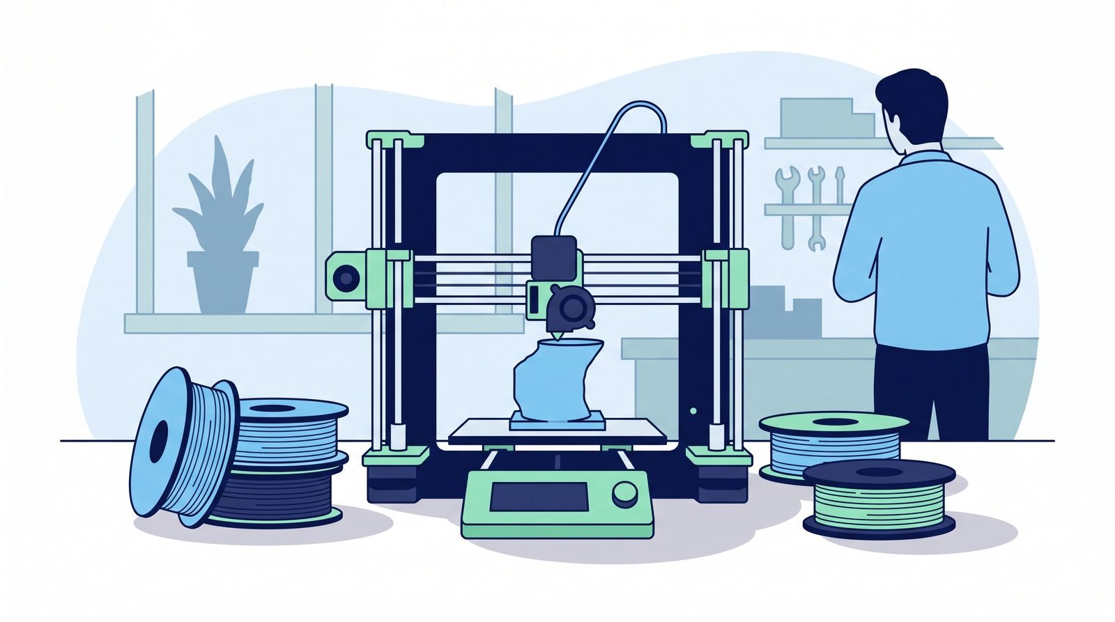 Illustration: an open-frame 3D printer mid-print in a Mumbai bedroom workshop