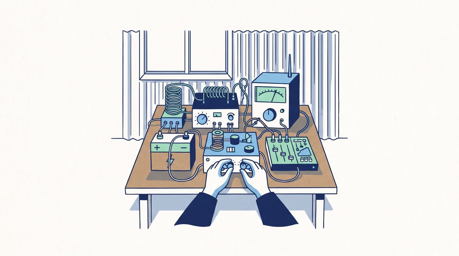 Illustration: a home-made FM transmitter and mixer built from scrap parts