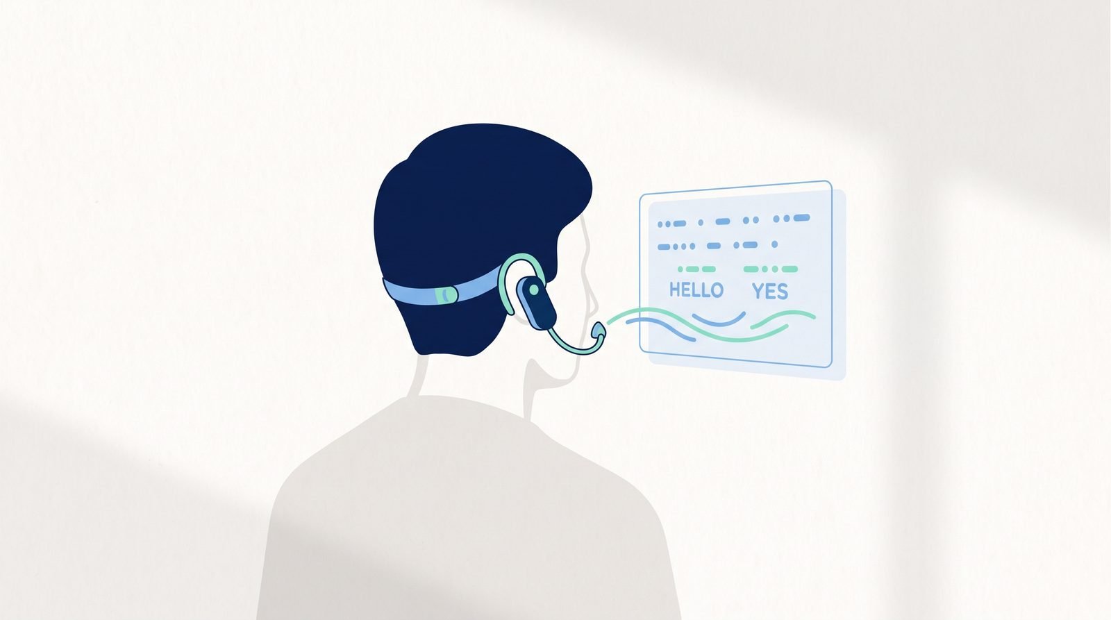 Illustration: a breath sensor near the nose turning exhalations into words on a screen