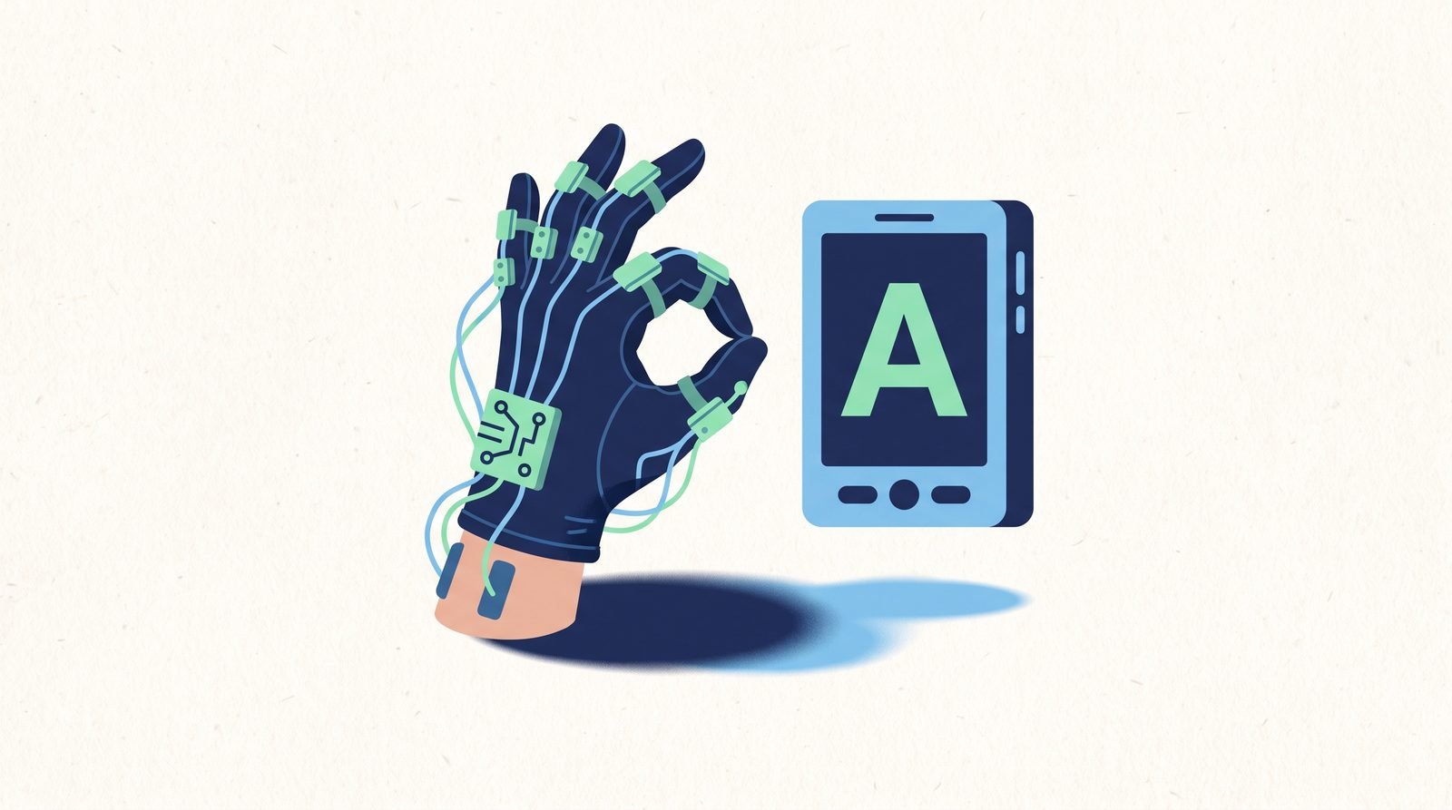 Illustration: a sensor-fitted glove finger-spelling a letter to a handheld display