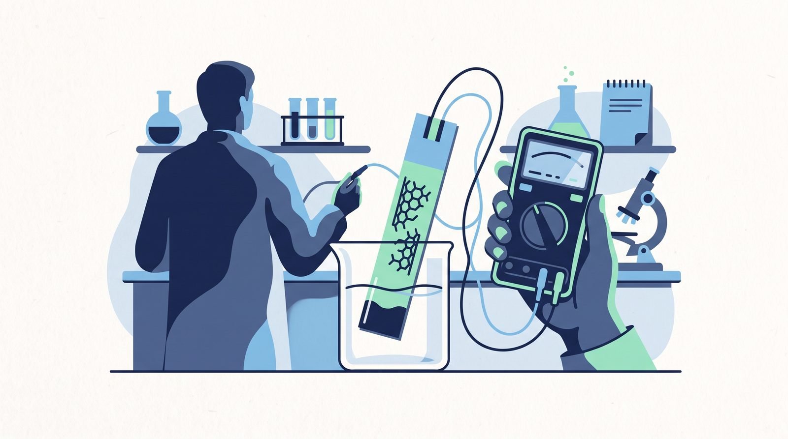 Illustration: a nanotube-coated paper strip wired to a multimeter