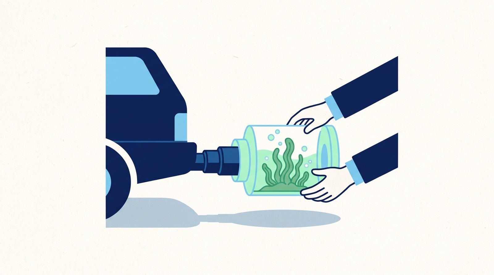 Illustration: a clear canister of algae fitted to a car exhaust pipe