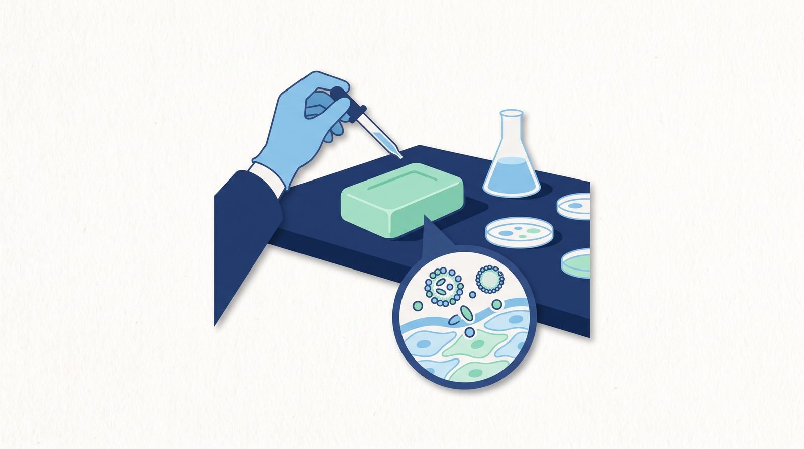 Illustration: a bar of soap in a lab with a magnified view of nanoparticles on skin