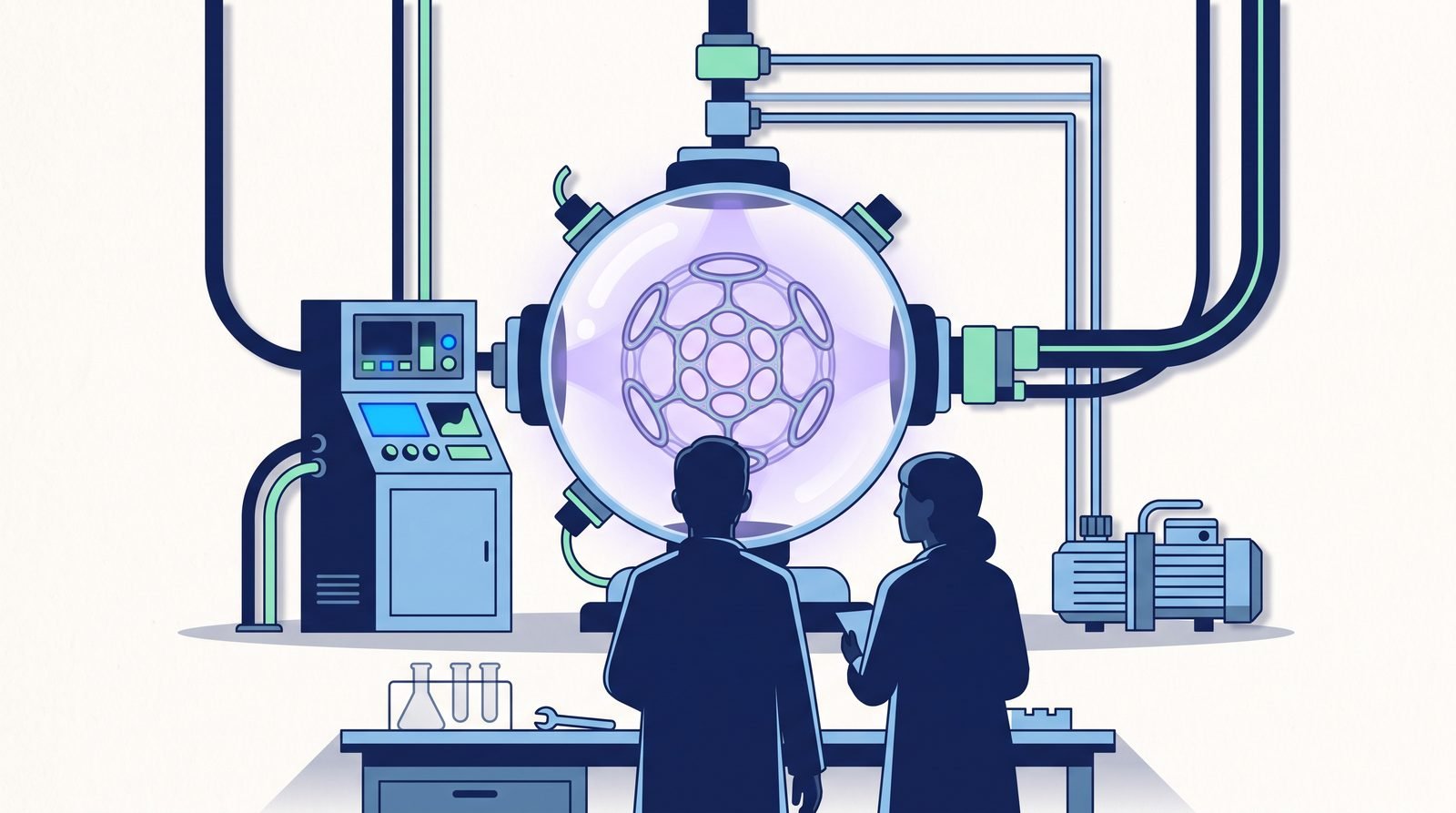 Illustration: a spherical fusor glowing inside a vacuum chamber