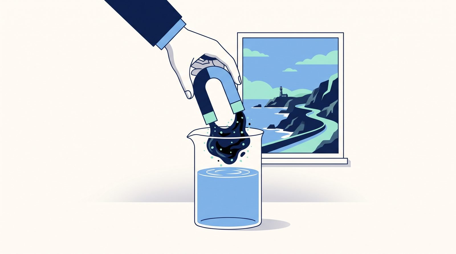 Illustration: a magnet lifting black ferrofluid and plastic out of a beaker of water