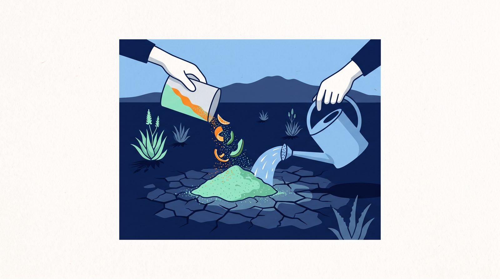 Illustration: orange-peel powder swelling with water in cracked drought soil