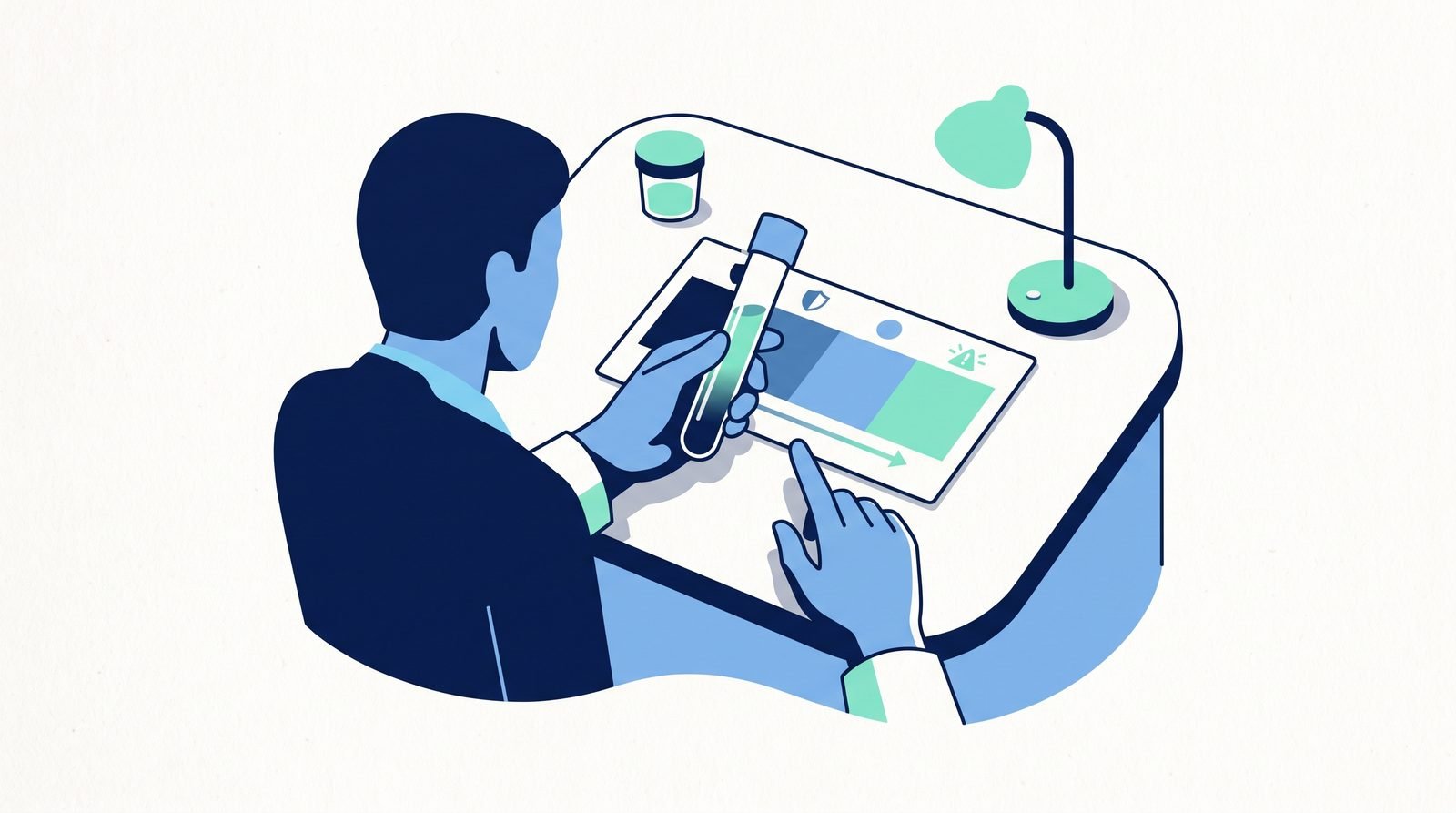 Illustration: a saliva test tube changing colour against a printed chart