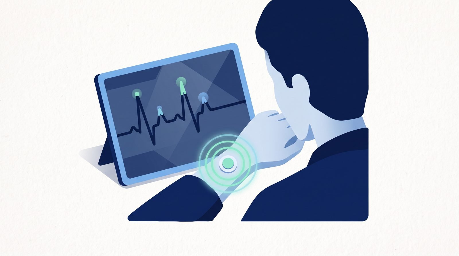 Illustration: a skin patch with a glowing biomarker sensor and a heart-rhythm trace