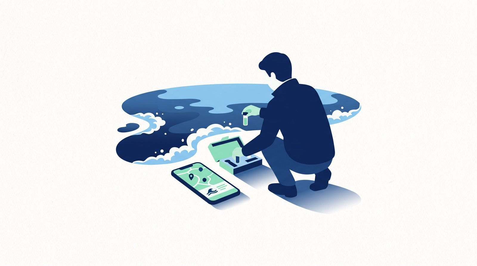 Illustration: a resident testing water at a frothing lake, an app maps the readings