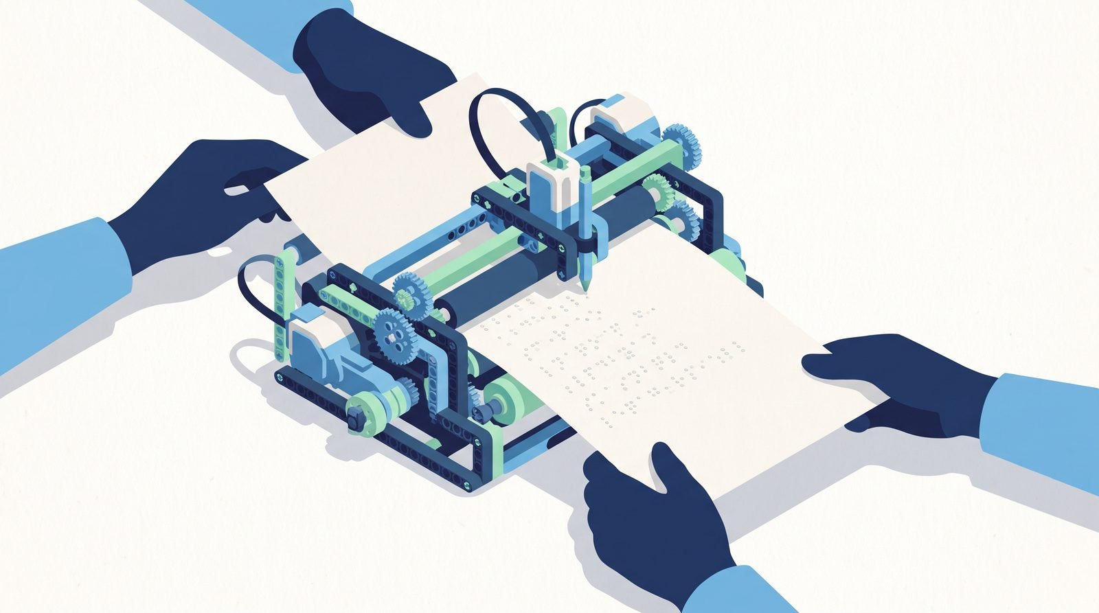 Illustration: a Braille printer assembled from Lego robotics pieces embossing paper