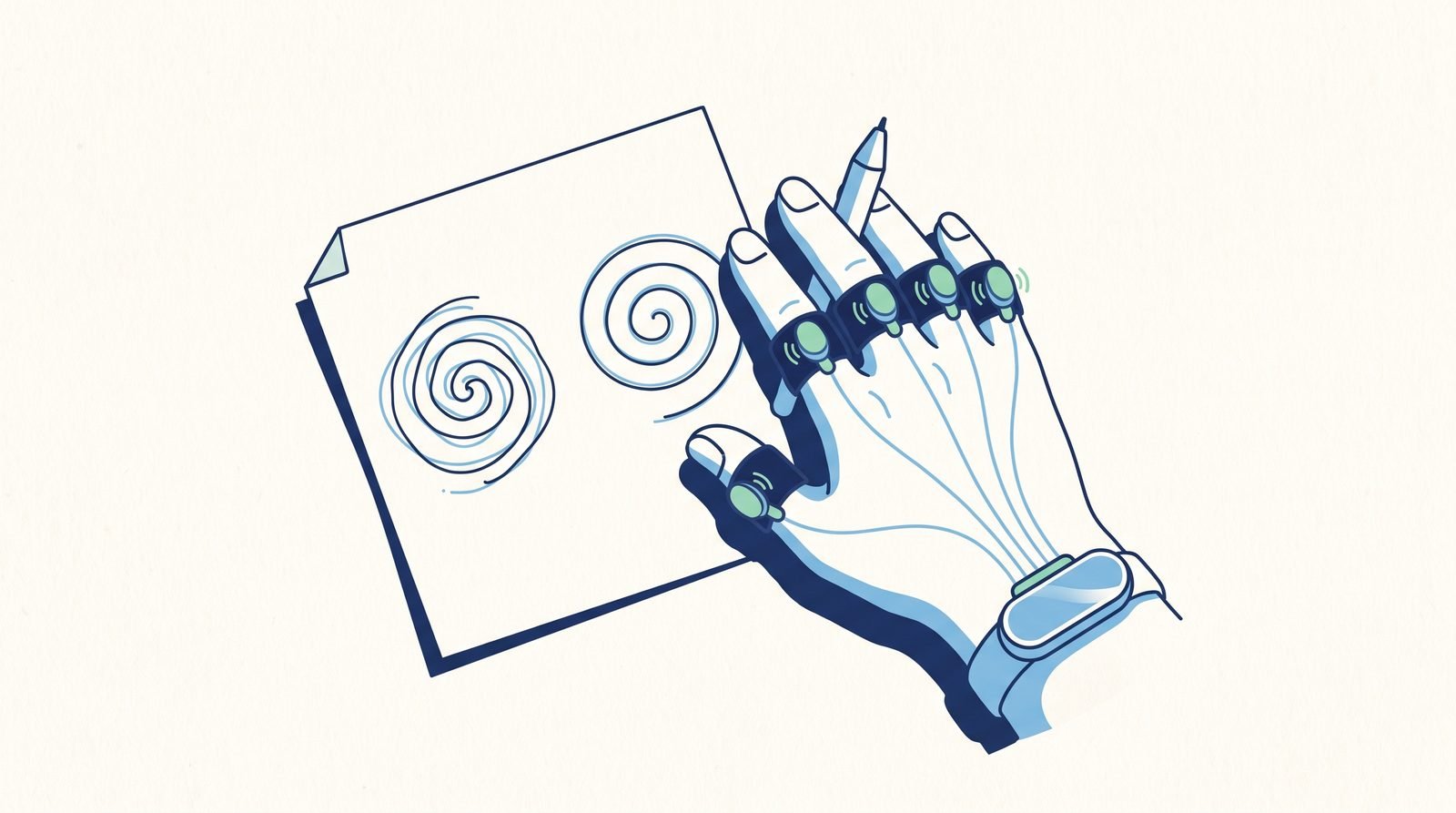 Illustration: a fingertip vibration device on an elderly hand beside a spiral-drawing test