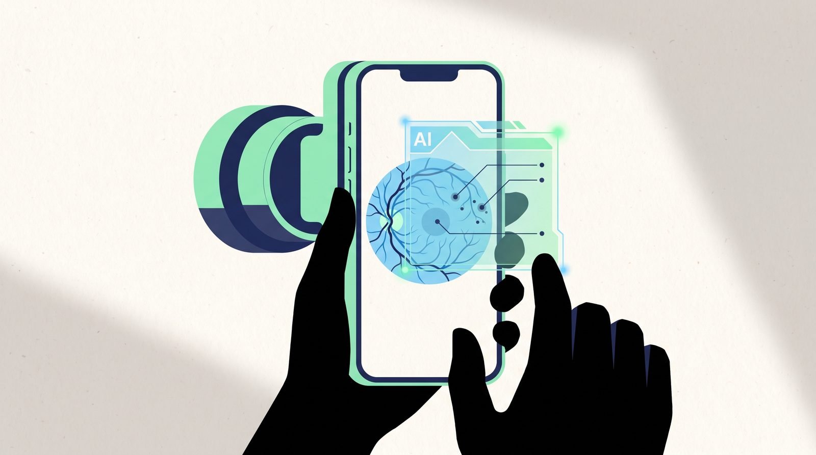 Illustration: a phone with a lens clip photographing a retina, AI highlights disease signs