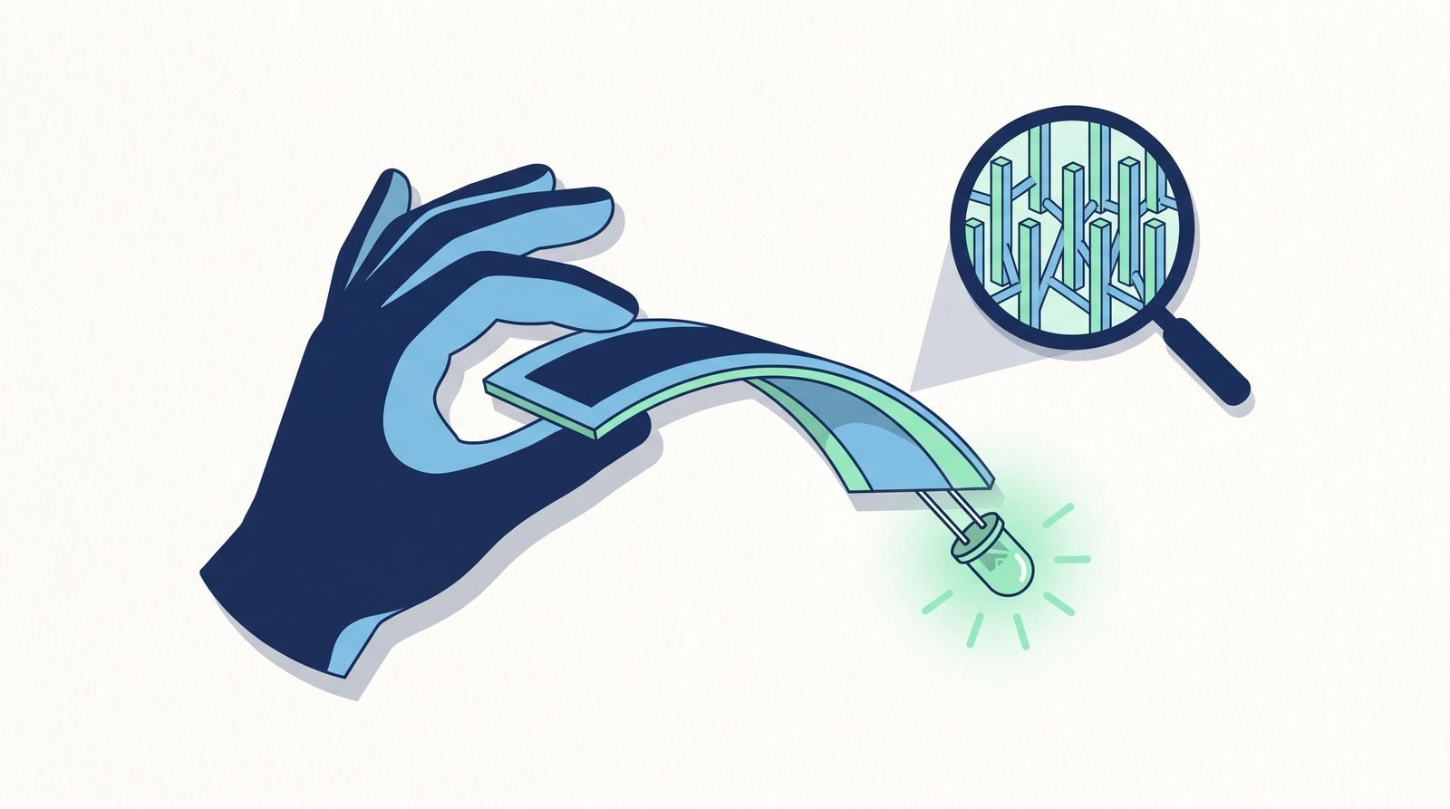 Illustration: a thin flexible supercapacitor bending in gloved hands, powering an LED