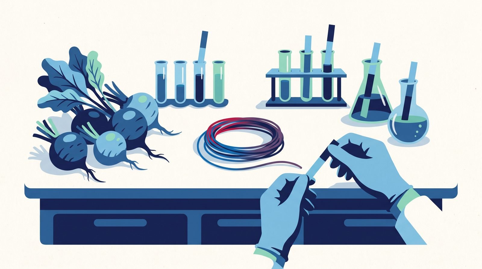 Illustration: suture thread dyed with beet juice turning from red to purple