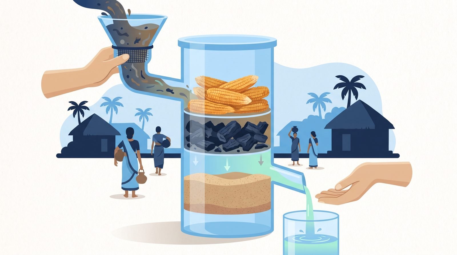 Illustration: a layered filter of corn cobs, charcoal and sand clearing dirty water