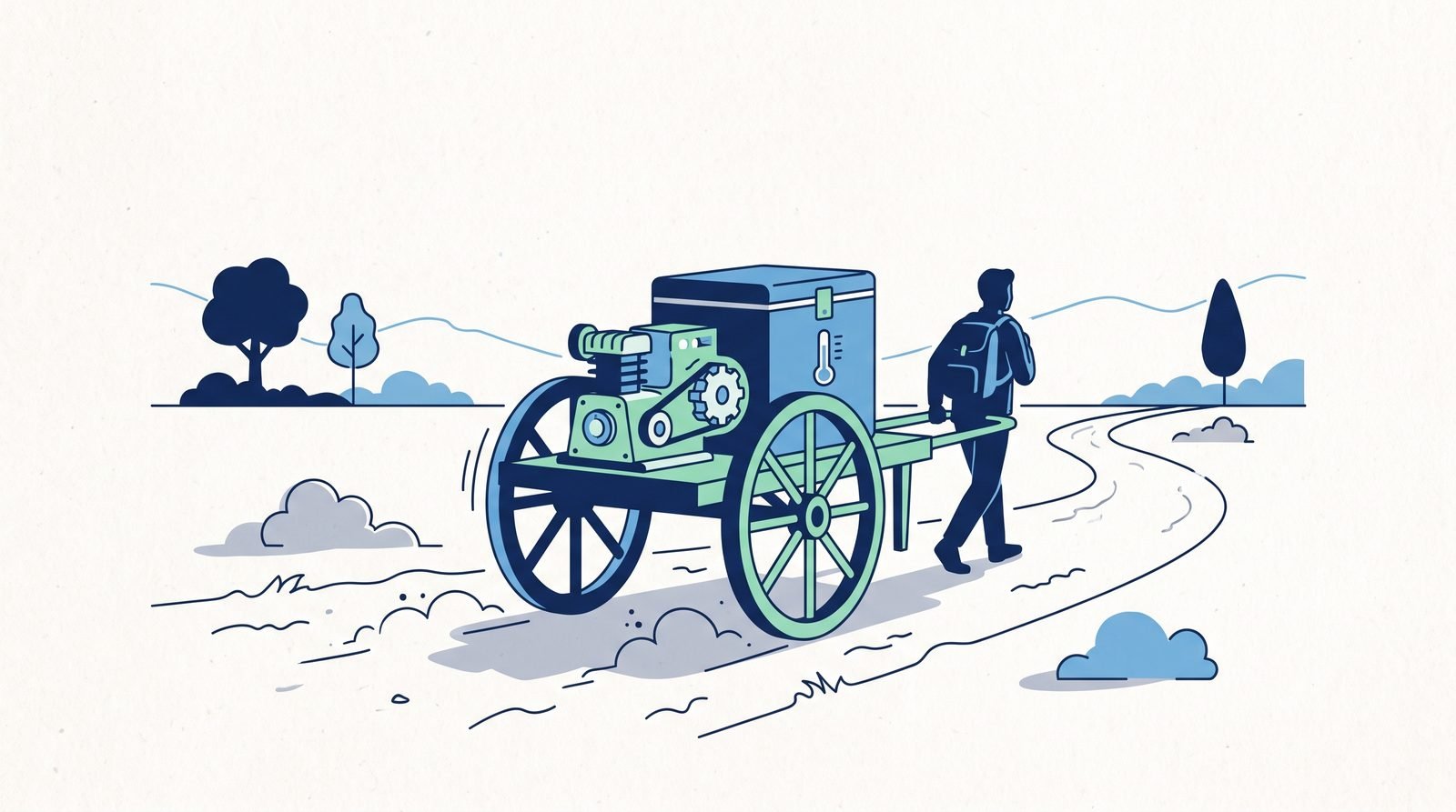 Illustration: a wheeled vaccine cart whose wheels drive a cooling compressor