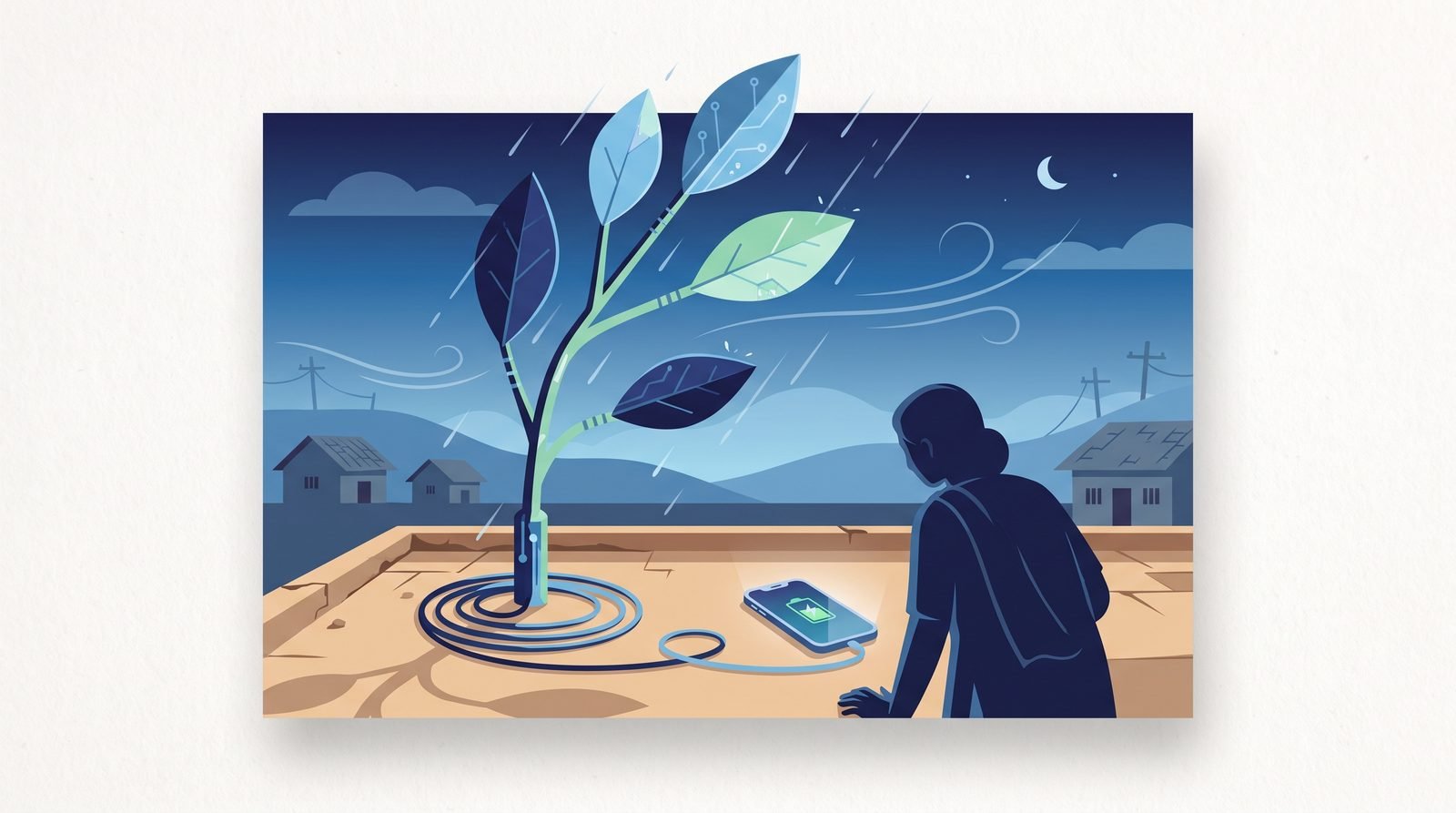 Illustration: a small tree with solar and piezoelectric leaves charging a phone at dusk