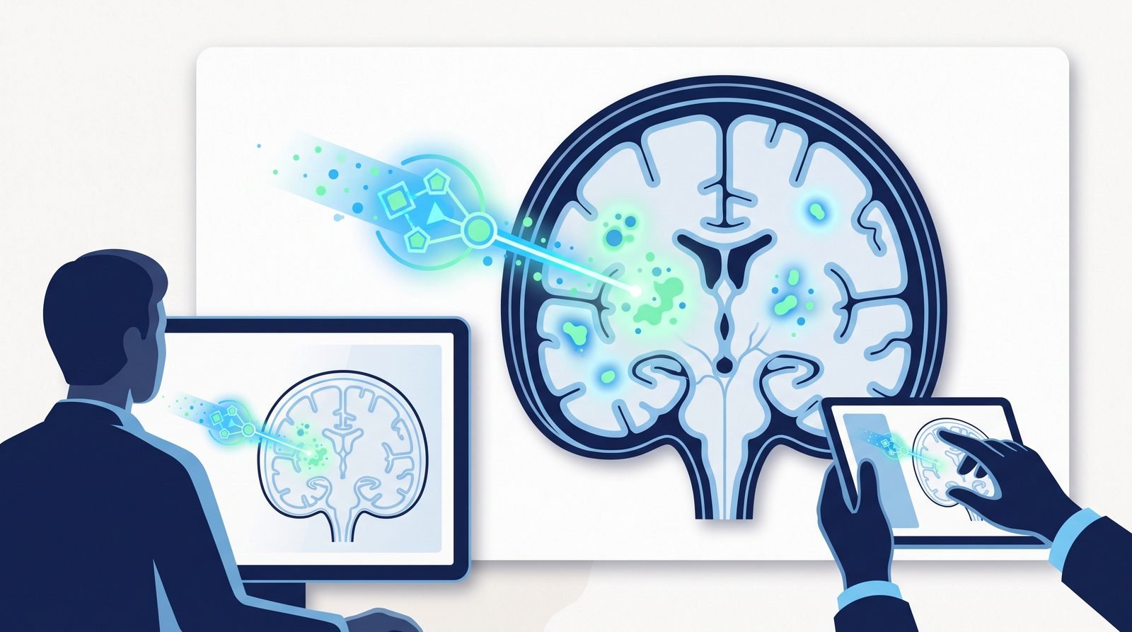 Illustration: a glowing probe crossing into a stylised brain scan highlighting amyloid
