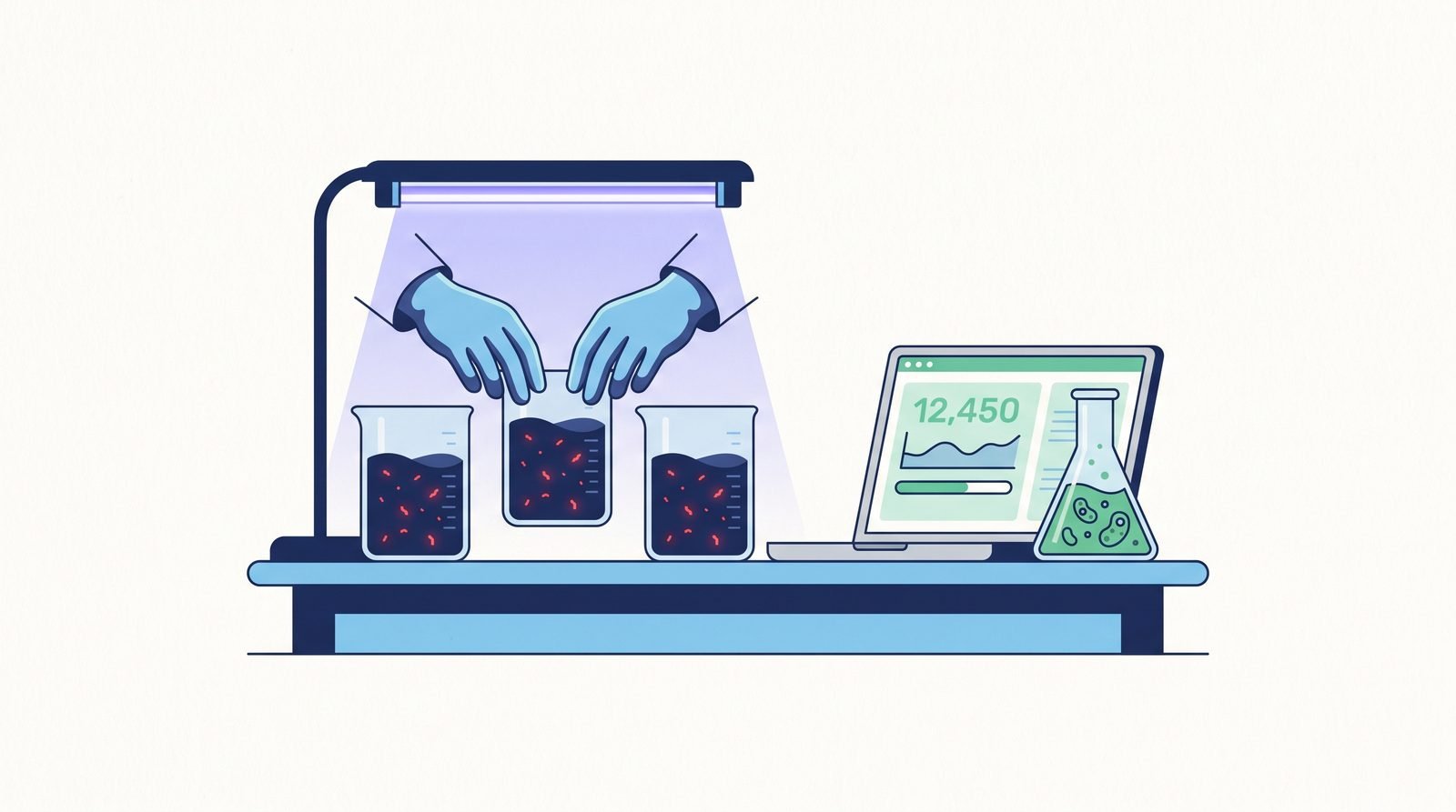 Illustration: water samples glowing under UV as a laptop counts microplastic particles