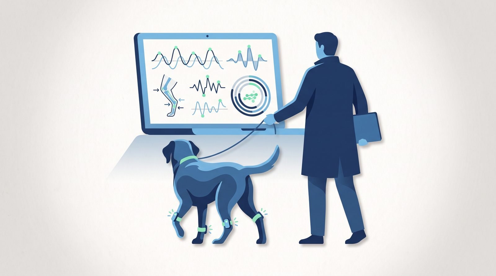 Illustration: a Labrador walking with leg sensors, a laptop showing gait graphs