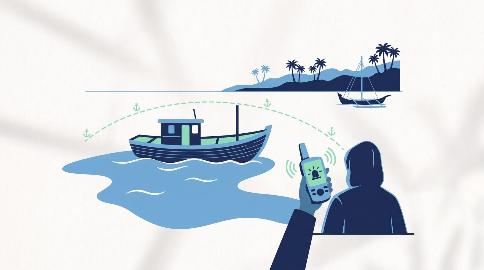 Illustration: a handheld GPS alert on a fishing boat nearing a sea boundary