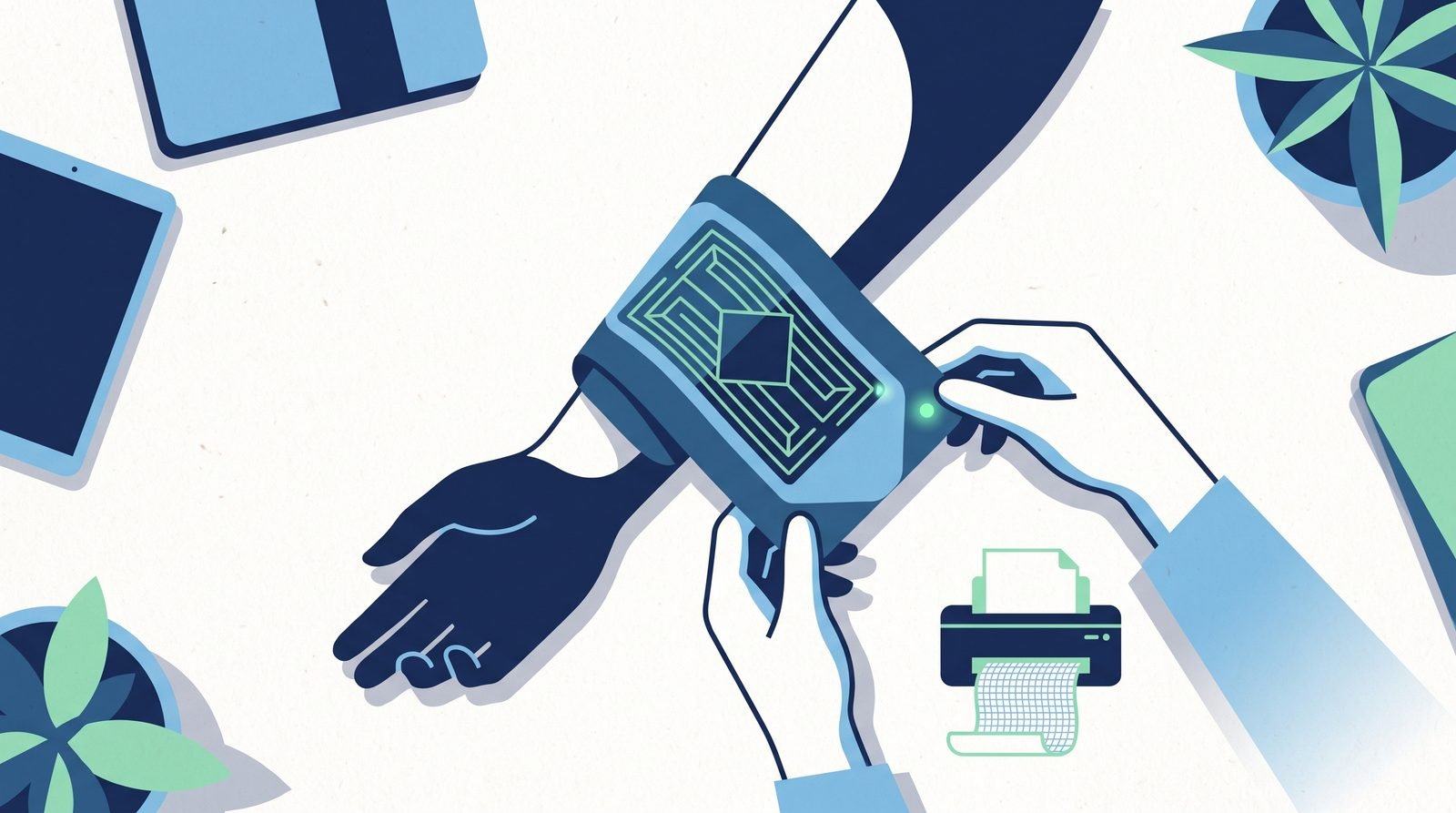 Illustration: gauze with a printed moisture-sensor pattern and a tiny indicator light