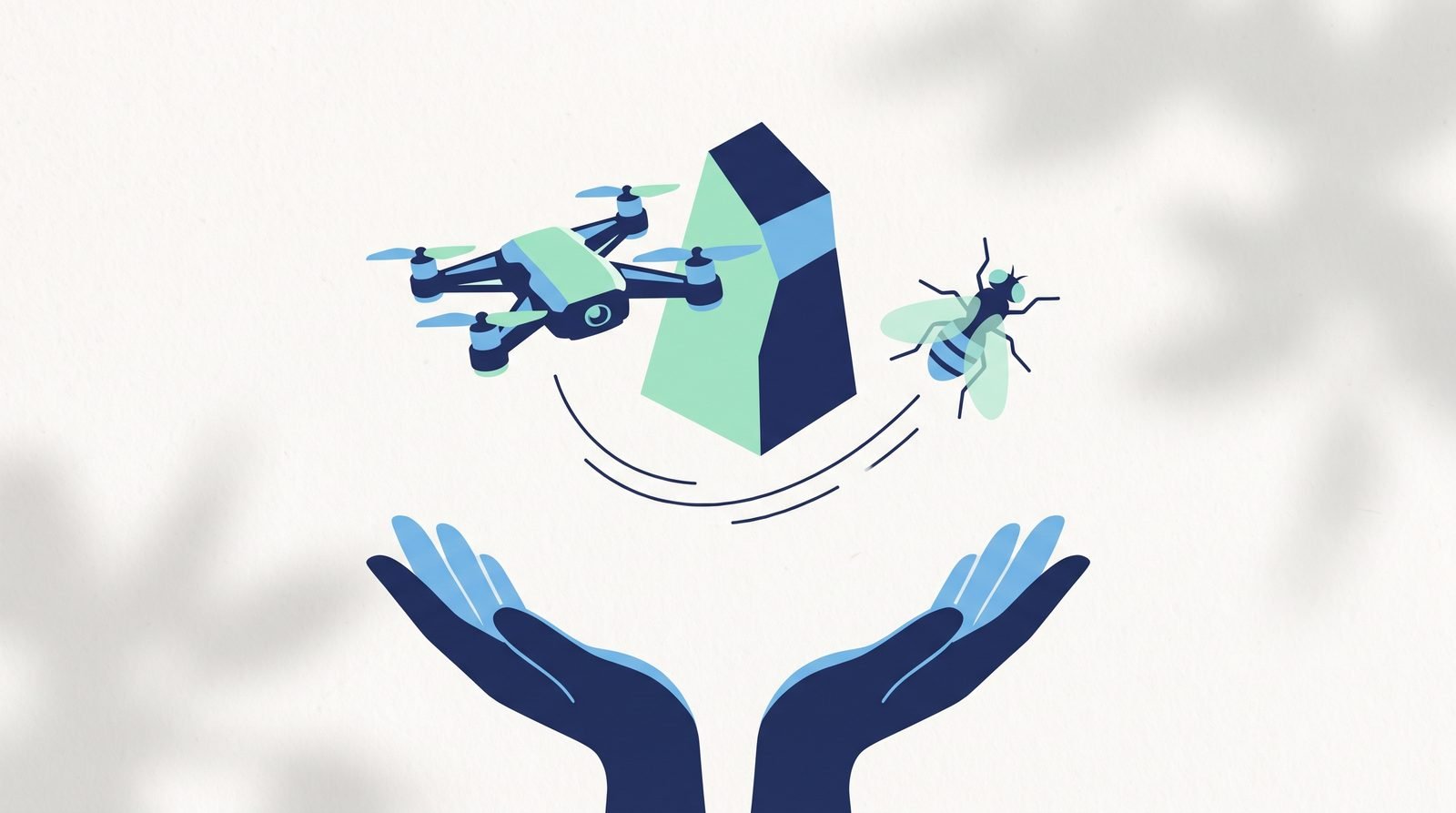 Illustration: a palm-sized drone dodging an obstacle, a fruit fly drawn alongside