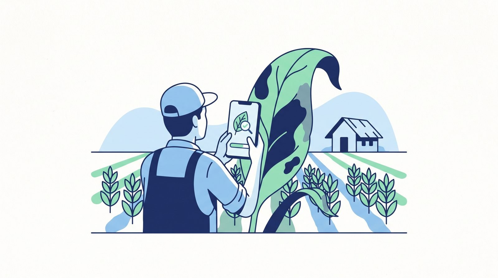 Illustration: a farmer photographing a diseased leaf, the app identifies it offline